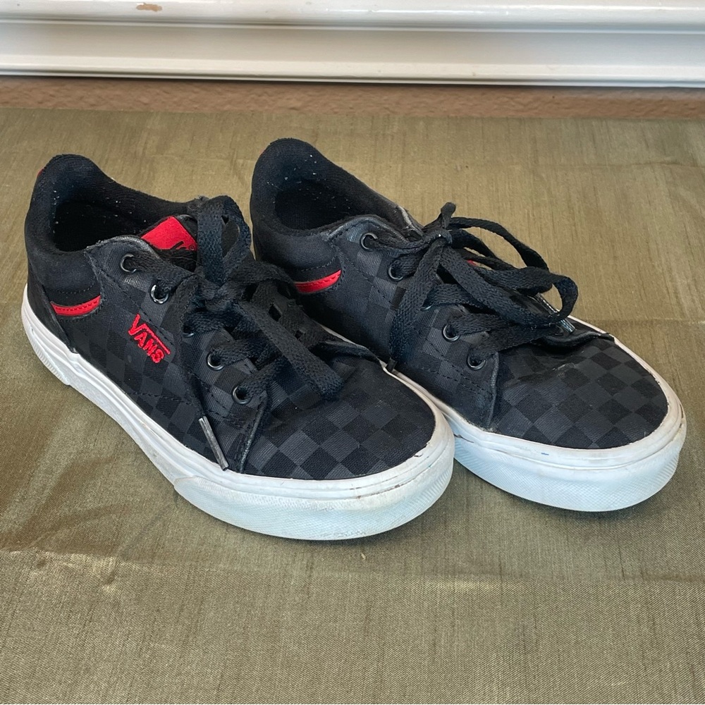 Vans Kids Checkered Black on Black and Red accents Sneakers Size 13.0